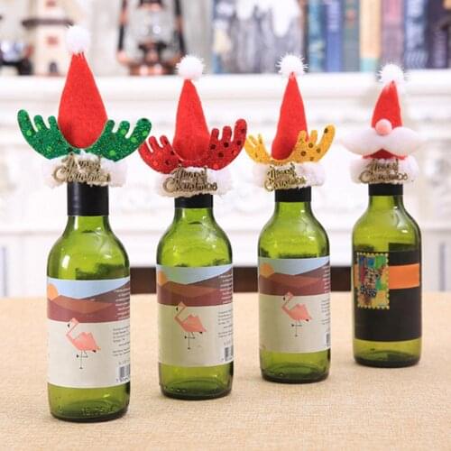 5Pcs Xmas Deer Horn Small Wine Bottle Cover Pointed Hat Cap Holiday Party Dining Table Decoration Supplies