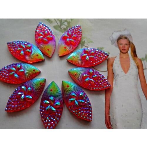 60pcs 11*24mm Red AB colour Sew on Rhinestones Navette shape flatback crystal beads resin gemstones for dress
