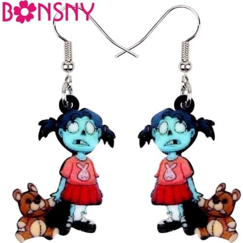 Bonsny Acrylic Halloween Zombie Girl Toy Earrings Drop Dangle Cartoon Decorations Jewelry For Women Party Games Charms Wholesale