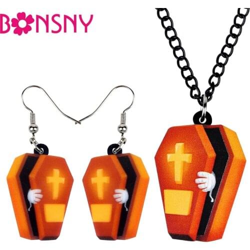 Bonsny Acrylic Jewelry Set Unique Casket Cross Necklace Earrings Collar Fashion Halloween Pendant For Women Girls Gift NE+EA