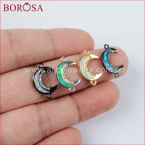 BOROSA High Quality CZ Micro Pave Crescent Manmade Opal Connector Pendant for Bracelets Necklace Jewelry Making WX553
