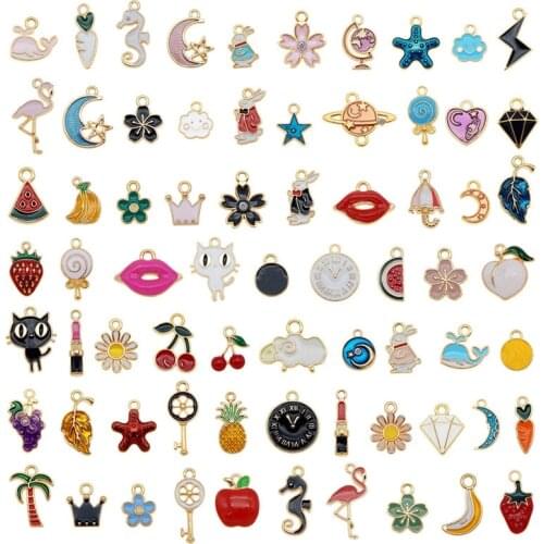 Julie Wang 60PCS Enamel Charms Random Mixed Animal Flower Fruit Moon Alloy Necklace Bracelet Drop Oil Jewelry Making Accessory