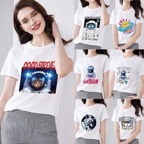 Womens Summer Fashion Casual T-shirt Dream Space Astronaut Printed Pattern Series Top O-neck Slim Comfortable Polyester Shirt