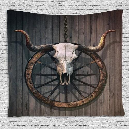 SepYue Long Horned Bull Skull and Old West Wagon Wheel on Rustic Wall Hanging for Bedroom Living Room Dorm Black Brown White