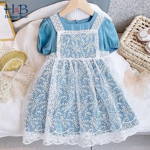 Humor Bear Girls Dress Summer New Puff-Sleeve Lace Printed 2pcs Princess Party Dress Toddler Kids Clothes