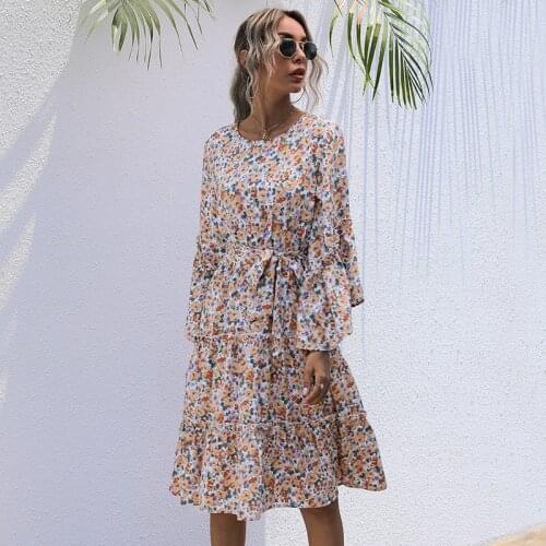 Fashion Chiffon Print Dress Women Casual Flare Sleeve Ruffles High Waist Floral Bandage Dress For Women 2020 New New