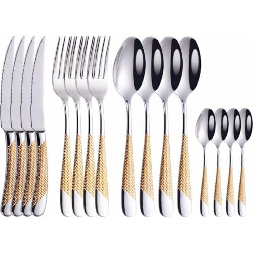 16pcs Gold Cutlery Set Stainless Steel Tableware Set Western Kitchen Golden Knife Fork Spoon Luxury Dinnerware Set Bright Light