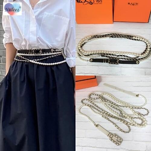 Nuleez Beautiful Pearls Belt Women Cowhide through the Copper Chain Slim Long Cummerbunds Female delicate Gift for Girlfriend