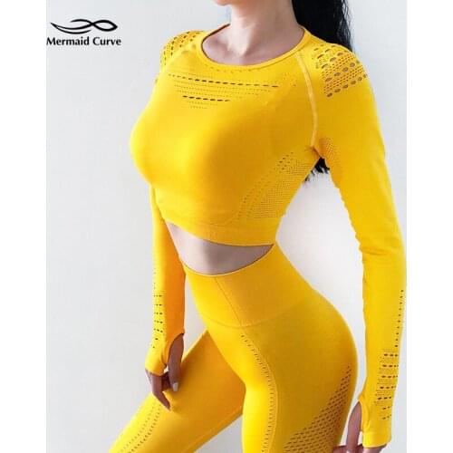 Mermaid Curve Yoga Shirts For Women Breathable Mesh Long Sleeve Crop Top Thumb Hole Tight Gym Top Shirts Workout Running Shirts