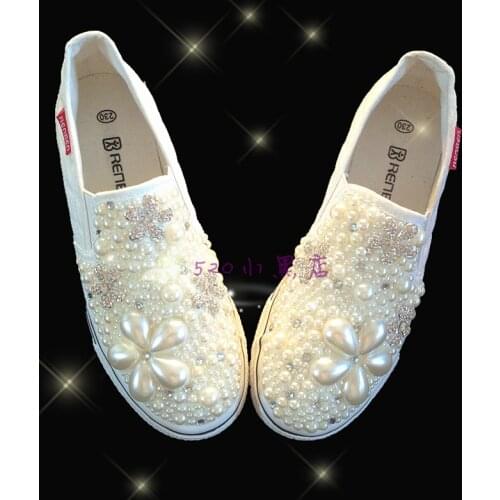 Handmade small scented pearl rhinestone flower platform platform canvas shoes lazy shoes wedding shoes