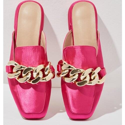 Fashion 2021 Ladies Mules Slippers Shoes Female Flip Flops Square Toe Low Heels Shoes New Summer Metal Slides For Women Slippers