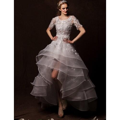 Mariage lace After short before long lace bridal gown with half sleeve flowers tiered pearls vestidos Bespoke Wedding Dresses