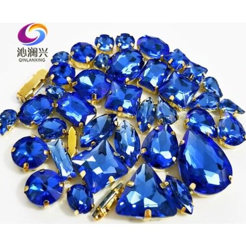 Light blue Gold bottom mix shape top crystal glass sew on stones,Super flash claw rhinestone diy/Clothing accessories 58pcs/pack