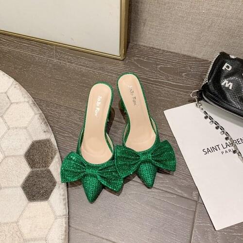 Woman Pumps Slippers Sexy Pointed Toe Fashion Crystal Rhinestone Butterfly-Knot Ladies Sandals Strange high Heels mules Shoes