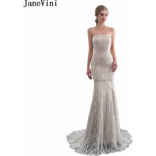 JaneVini Vintage Champagne Lace Long Bridesmaid Dresses Strapless Backless Mermaid Satin Prom Gowns Sweep Train Vestidos Dama