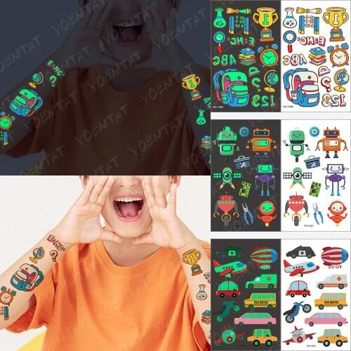 Waterproof Temporary Tattoo Sticker Luminous Children School Bag Trophy Alarm Clock Cartoon Tatoo Body Art Luminous Fake Tatto