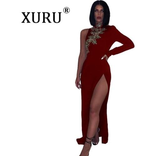 XURU Europe and The United States Long Dress Slim Slim Sexy Irregular Split Dress Lace Nightclub Dress