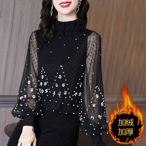 Blouse Women Chiffon Shirt Loose plus Size Womens Clothing Bead Long Sleeve T-shirt Womens Top Blusas Mujer De Moda