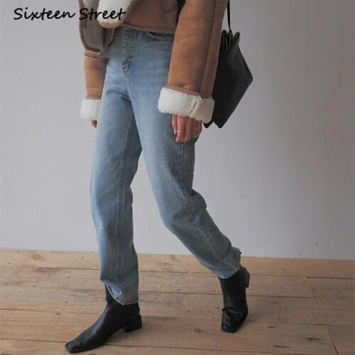 Women High Waist Jeans Korea Retro Chic Classic Denim Y2K Aesthetic Washed Blue Baggy Pants Female Button Cotton Streetwear 2021