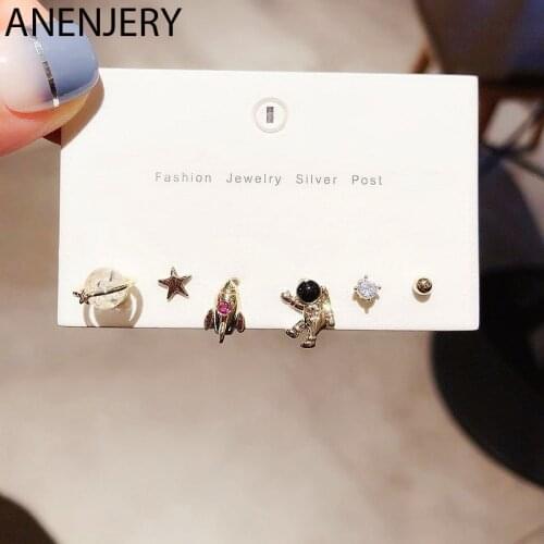 ANENJERY Space Rocket Star Astronaut Stud Earring Set Gold Silver Color Crystal Ball 6-piece Earring Set For Women S-E1204