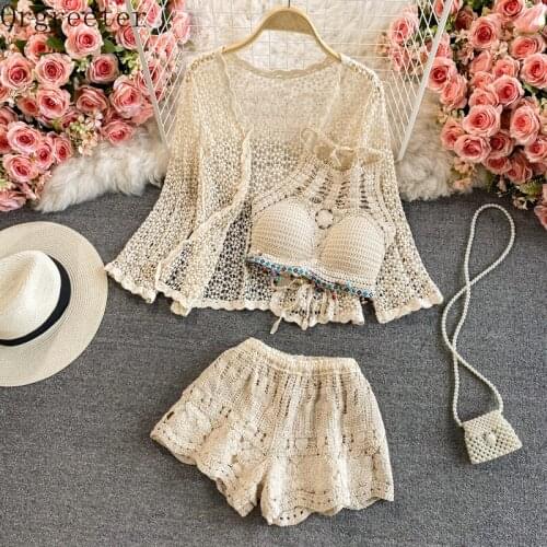 Women Summer Beach Style Crochet Hollow out 3-piece Sets Sun-proof Tops+ Ethnic Spaghetti Strap Vest+ Shorts Vacation Suits