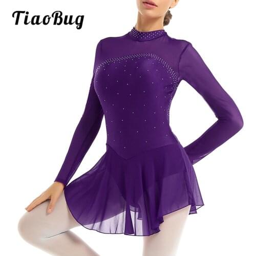 Womens Rhinestones Figure Ice Skating Dress Mesh Long Sleeves Ballet Dance Leotard Dress