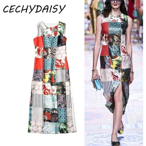 Runway Fashion 2021 Dress High Street Floral Printing Sleeveless Straight Midi Long Color Block Sexy Split Party Night Dresses