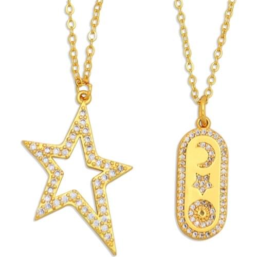 Gold Hollow Star Pendant Necklaces for Woman CZ Pave Cubic Zirconia Jewelry Gifts Moon Star Evil Eye Oval Shape Fashion Necklace