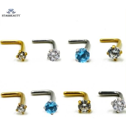 1 Pieces Import Zircon 3mm Gem Nose Stud Piercing Anodized L Shape Gold Silver Color Nose Ring Prong CZ Nose Jewelry 20g