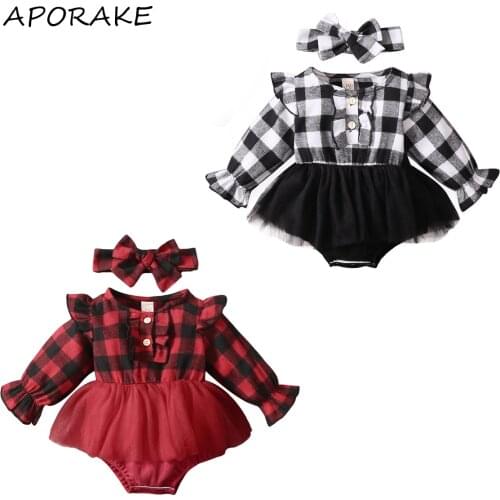2021 0-18M Infant Baby Girl Romper Spring Fall Plaid Print Flare Long Sleeve Ruffle Tulle Playsuit Dress+Headband 2pcs