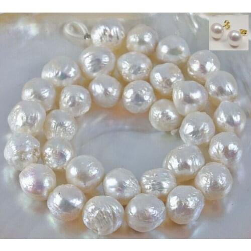Baroque AAA 18 12-11MM NATURAL SOUTH SEA white PEARL NECKLACE earring