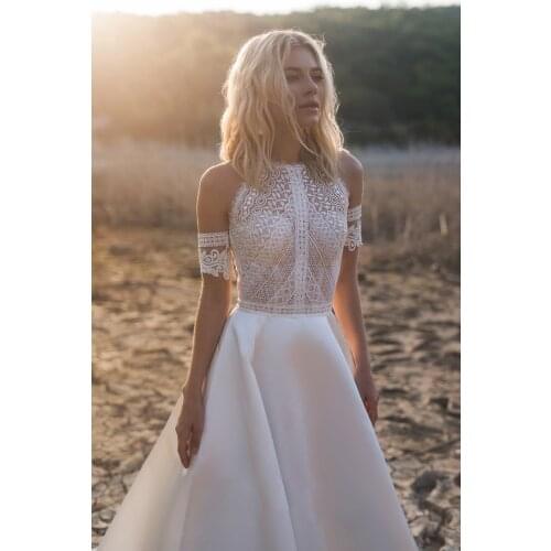 Bohemian VINTAGE BOHO Wedding Dresses Lace Satin Bridal Gowns Beach Custom Made Robe De Mariee