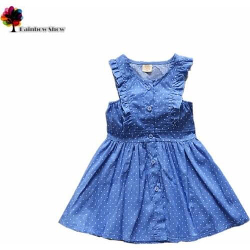 New Children Clothing Summer Girls Blue White Dots Sleeveless Ruffled Cotton Dress Kids Vest Dresses