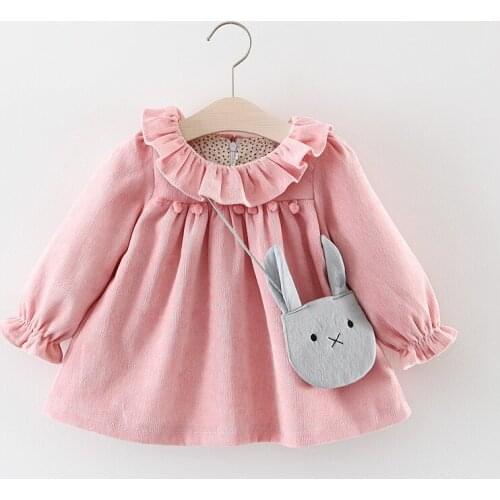 Kids Dress For Girl With Long Sleeve Girls Casual Pink Dresses With Rabbit Bags Peter pan Collar Childrens Brand Clothes