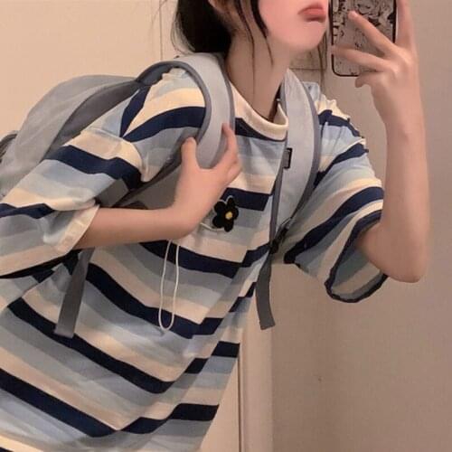 Design embroidered short-sleeved t-shirt women 2021 new loose striped T-shirt top