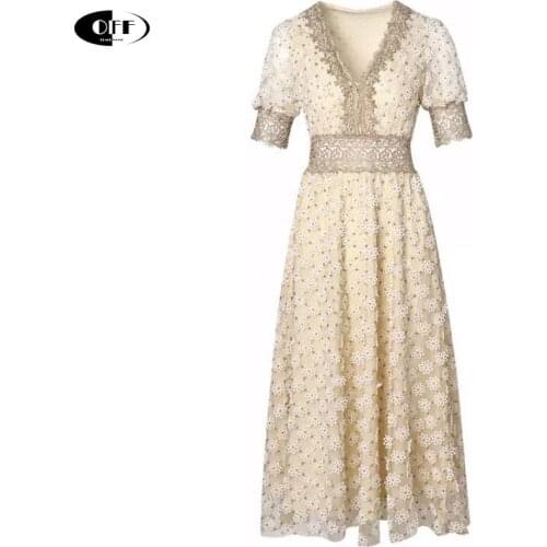 Elegant Patchwork lace midi Dresses women Female V Neck Lantern Sleeve High Waist Hollow Out embroidered party Dress Tide robe