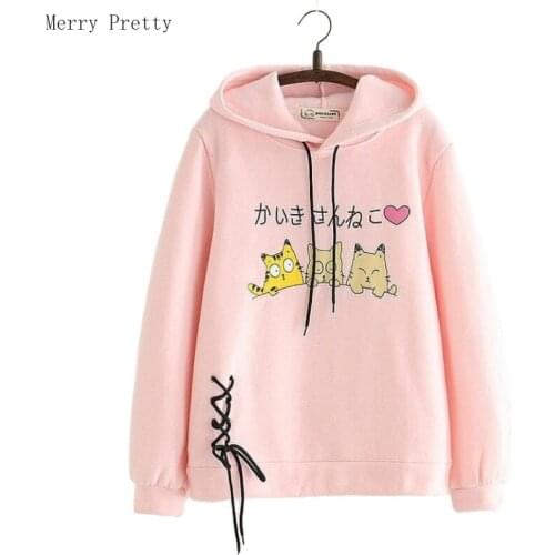 Cartoon Cat Print Cotton Hoodies And Sweatshirts For Women Casual Long Sleeve Hooded Pullover Fleece Lined Harakuju Tracksuits