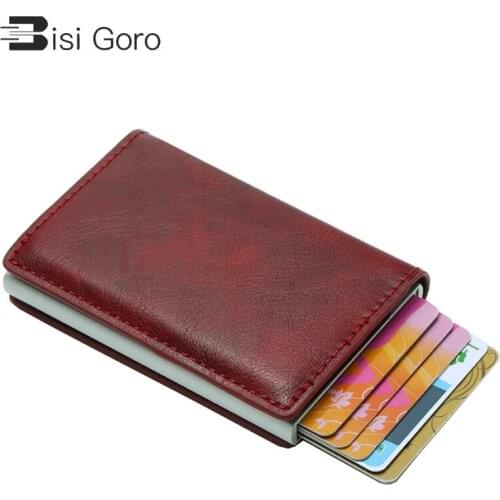BISI GORO 2021 Aluminum Unisex Metal Credit Busines Mini Card Wallet New Crazy Horse PU Leather Card Holder Hasp Rfid Wallet