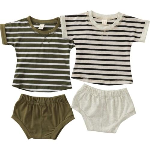 0-24 Months Baby Boy Girl Kids Suit Set Striped Round Neck Short Sleeve T-Shirt+ Solid Color Short Pants
