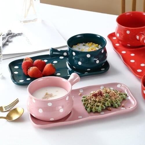Creative Dot Handle Dishes Nordic Cute Ceramic Breakfast Bowl With Tray Customized Milk Oatmeal Snack Bowl Set