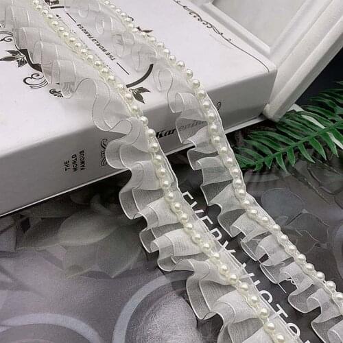 30Yds Tulle White Lace Bridal Applique Pearls Ribbon Ruffle Trim Wedding Dress Clothing Sewing Guipure Supplies High Quality