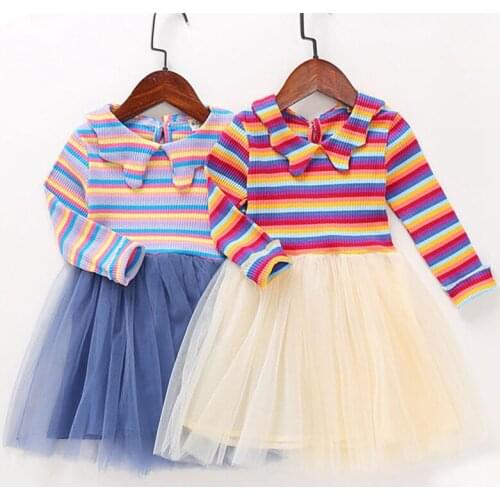 Baby Girls Lace Striped Dress Stitching Cute Birthday Party Dress Peter Pan Collar Princess Girl Mesh Dress Red Blue 2-7Y GDN029