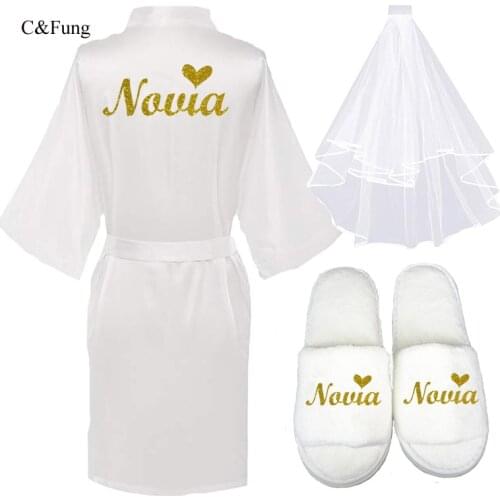 NEW 3pc set of glitter Novia Espanol spanish bride robe slippers bridal veil women Bridal Party 2019 short kimono satin robe