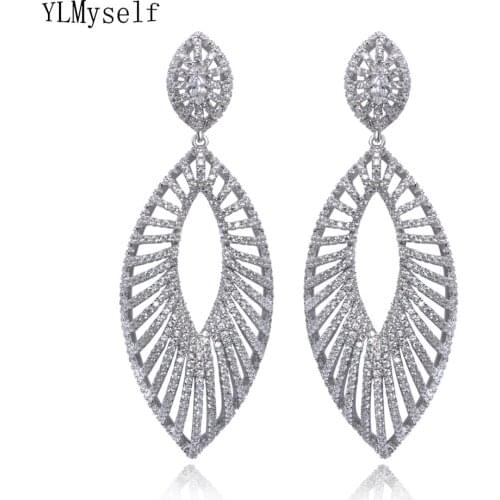 7 CM Very Long Leaf earring Wedding Party Jewelry White CZ Bridal Drop Earrings High Quality Bright Luxury Accessories for Women