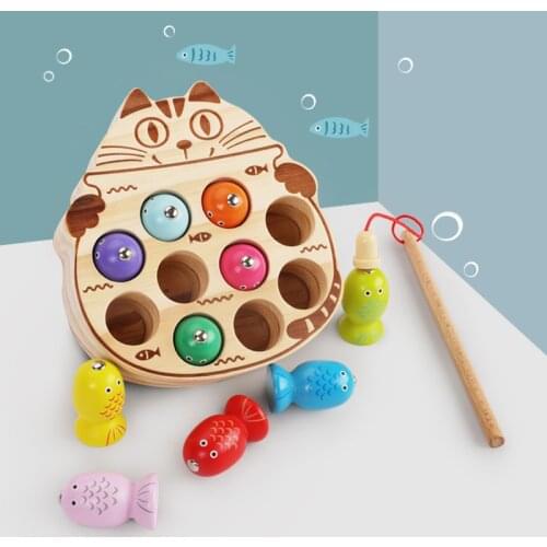 Fishing game toy for children wooden magnet fishing Cat and frog kids fishing toy Montessori kindergarten supplies baby toy gift