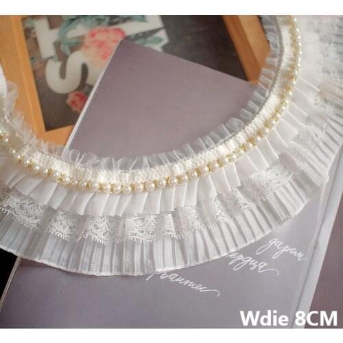 8CM Wide Three Layers White Ruffle Chiffon Fabric Glitter Pearls Embroidery Ribbon Beaded Fringe Lace Edge Trim DIY Sewing Decor