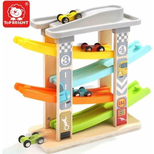ToP BRIGHT 4 Layers Children Wooden Track Race Car Toys Plastic Inertia Coaster Racing Car Sliding Toy Educational Toy Kids 18M