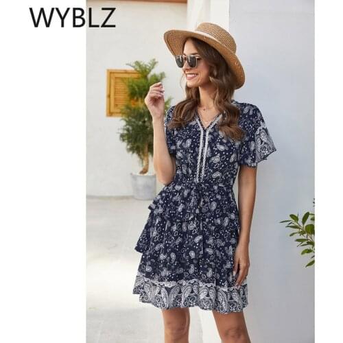 WYBLZ Women Mini Boho Floral Print Dress Summer Beach Short Sleeve V Neck Evening Party Elegant Beach Dresses Vestidos De Mujer