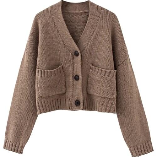 Za Women Fashion Single Breasted Knitted Cardigan Sweater Vintage Long Sleeve Loose Female Outerwear Chic Tops