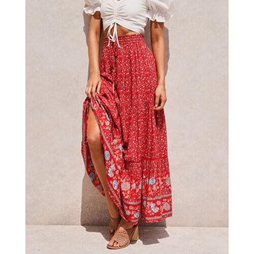 Happie Queens women red floral print beach Bohemian skirt High Elastic Waist rayon cotton Boho Maxi Skirts Femme